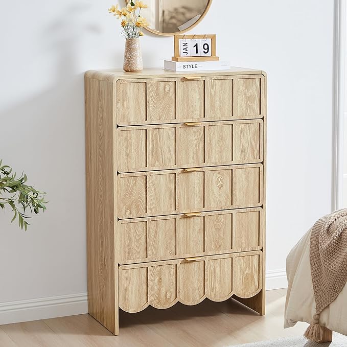 5 Drawer Dresser for Bedroom Set of 2, Modern Closet Chest of Drawers with Wave Fluted Drawer, Wood Storage Small Dresser Organizer for Nursery Bedroom Living Room Hallway Closet (Natural)