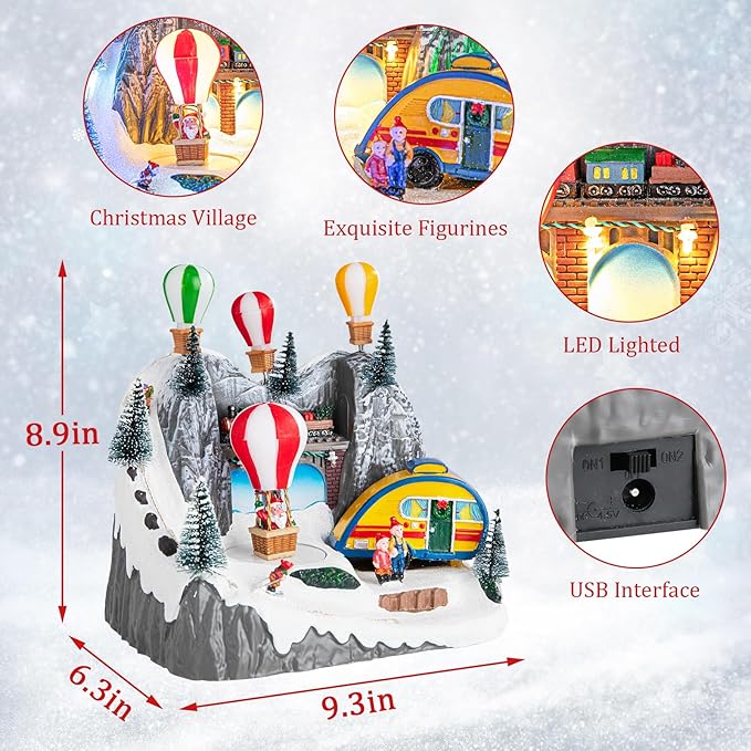 VCUTEKA Christmas Village, Hot Air Balloon Snow Mountain with Rotating Santa Claus Lighted Musical Village Perfect Addition to Your Christmas Indoor Decorations or Holiday Displays