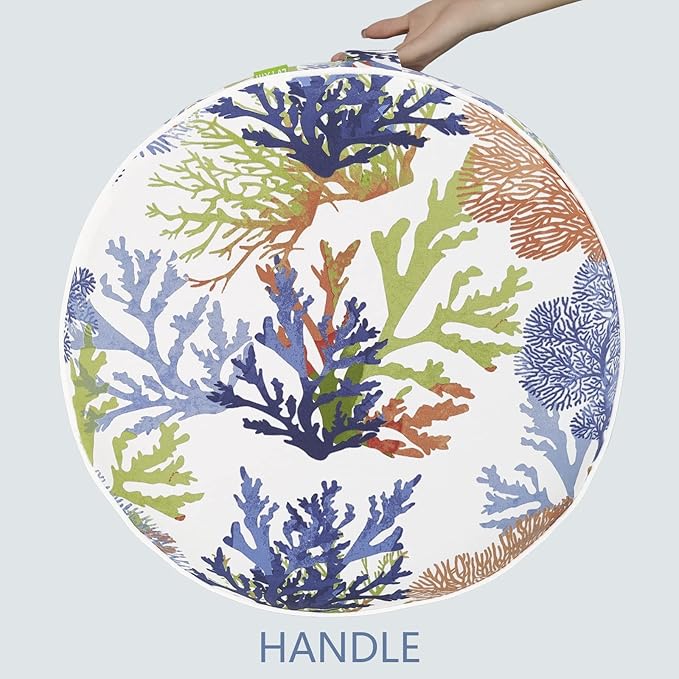 LVTXIII Outdoor Inflatable Ottoman, Patio Fade-Resistant Footrest Stool with Handle, Portable Round Ottoman Pouf for Patio Garden, Camping or Home Use, 21"x21"x9", Coral Multi