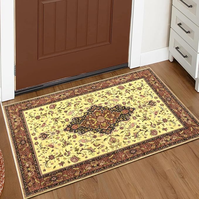 Topllen Washable Area Rug - 3'x5' Boho Bedroom Rug Indoor, Non-Slip Low-Pile Rugs for Living Room Bathroom Kitchen Front Door, Entry Throw Carpet Stain Resistance (Red, 3x5ft)