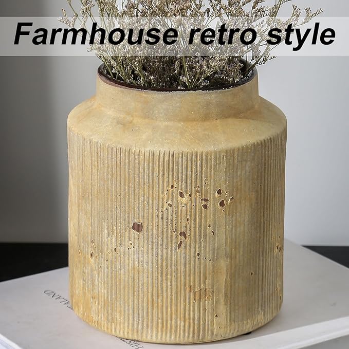 Farmhouse Vase for Home Decor, Vintage Rustic Terracotta Flower Vase Suitable for Home Decor, Living Room, Shelf, Dining Table. 7IN （Earthy Yellow） ZSHLXM