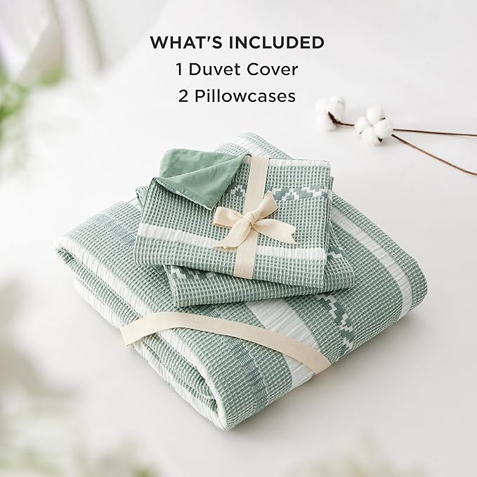 Bedsure Waffle Weave Duvet Cover King - 100% Cotton Boho Duvet Cover with 2 Pillowcases - Green Textured Comforter Cover with Zipper Closure (King, 104"x90")