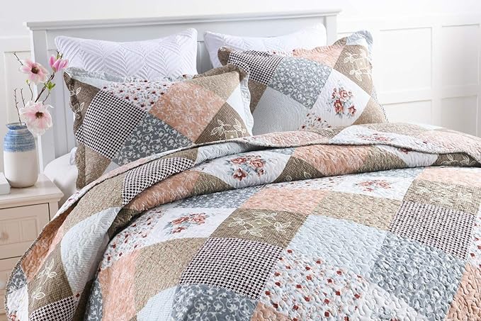 Travan 3-Piece King Quilt Set Quilted Bedspread Lightweight Reversible Coverlet Set Floral Printed Quilted Bedding Set with Shams for All Season, Brown Floral, King Size