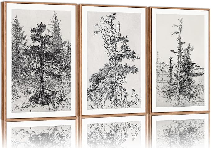 SIGNINART Vintage Tree Framed Wall Art Set , Black and White Antique Sketchbook Forest Painting, Wilderness Illustration Art Print , Retro Pine Tree Landscape Drawing Wall Decor for Living Room, Bedroom, Office (16"x24"x3)