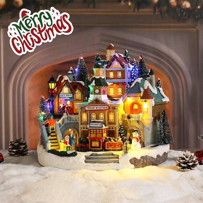 taman Christmas Village Houses - Musical Collectible Buildings with Moving Train Warm Light Ornaments for Christmas Holiday Decorations