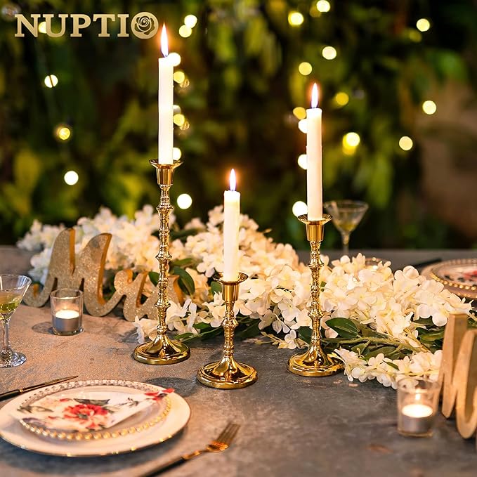 Nuptio Gold Candle Holders for Candlestick: Set of 6 Tall Taper Candle Stick Holders for Fall Thanksgiving Christmas Living Room Fireplace Dinner Table Cafe Table Decor