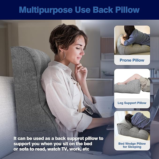 Daneey Bed Pillows for Sitting up in Bed, Reading Pillows for Sitting in Bed Adult, Back Pillow for Bed Sitting Up, Back Support Pillow for Bed Removable Breathable Cover, Gray
