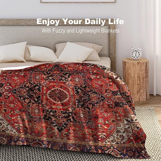 Heriz Antique Vintage Boho Persian Carpet Flannel Fleece Throw Blankets 50"X40" Lightweight Fluffy Winter Fall Blanket Cozy Soft Fuzzy Plush Home Decor for Couch Bed Sofa Bedroom Living Room Travel