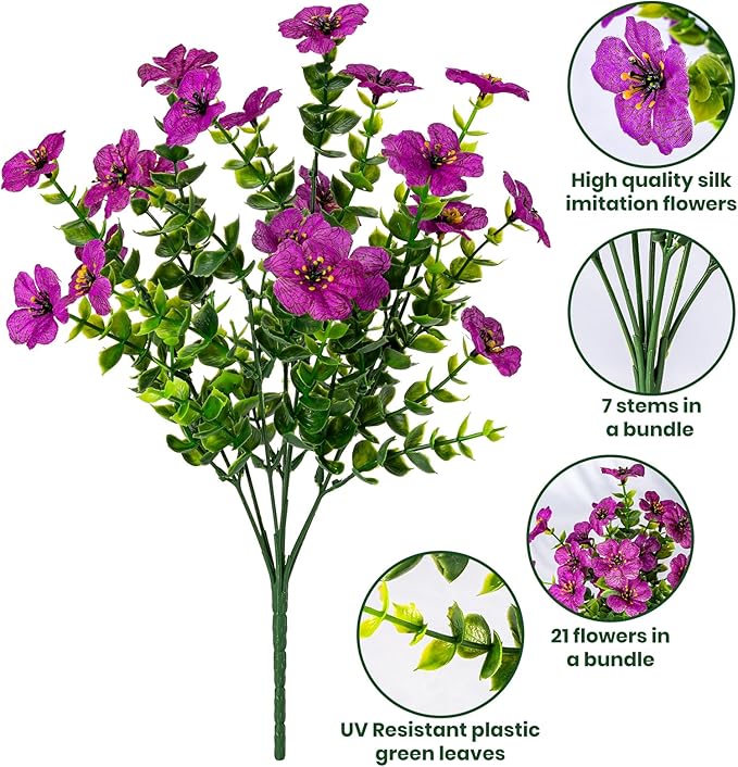 20 Bundles Artificial Flowers for Outdoor Fake Plants for Spring Decoration,Faux Eucalyptus Flowers for Planter UV Resistant Lifelike for Home Porch Garden（Fuchsia）