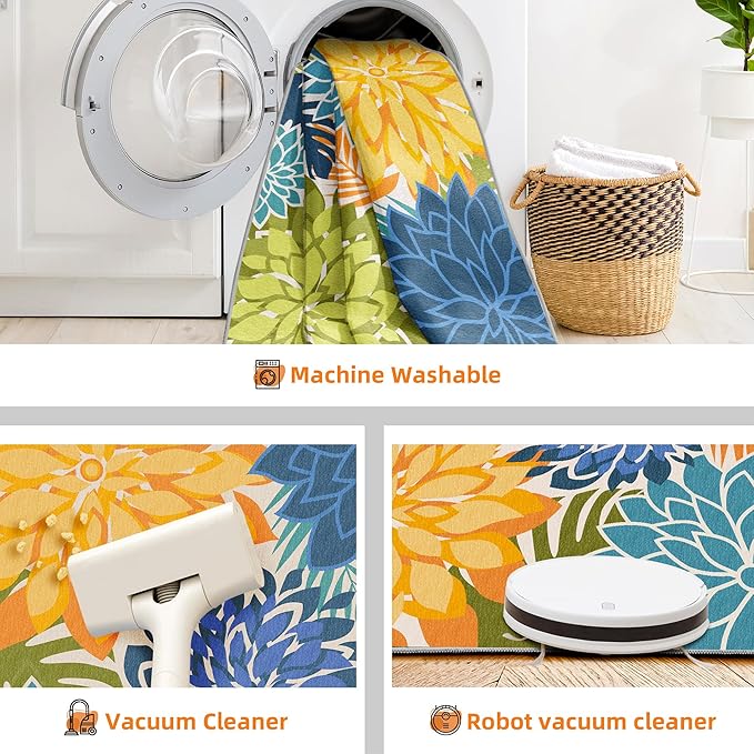 Indoor Outdoor Area Rug Washable Multicolored Patio Rug Tropical Botanical Modern Floral Indoor Outdoor Carpet Non Slip Yellow Green Rug Non Shedding for Patio, Deck, Backyard, Porch (5x8)