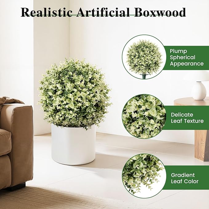 Lewondr Artificial Boxwood Topiary Ball Trees, 22.83'' Fake Plants Outdoor with Ground Spike, Set of 2 UV and Fade Resistant Faux Greenery Shrubs for Outdoor Indoor Front Porch Garden, Gradient White