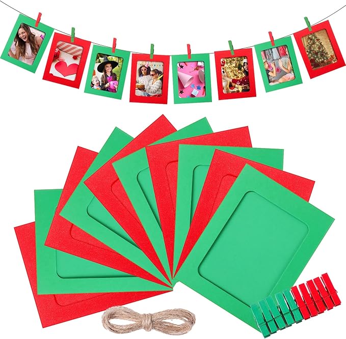 Janlaugh 100 Pcs Paper Photo Frames 4x6 Paper Frame with 100 Clip 10 String Kit DIY Hanging Cardboard Photo Holder Back to School Wall Decor Wedding Home(Red, Green)