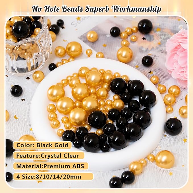 300Pcs Pearl Vase Filler, Black Gold No Hole Faux Pearl Beads for Centerpieces Vases, Candle Centerpieces, Wedding Birthday Party Home Decor 8/10/14/20mm