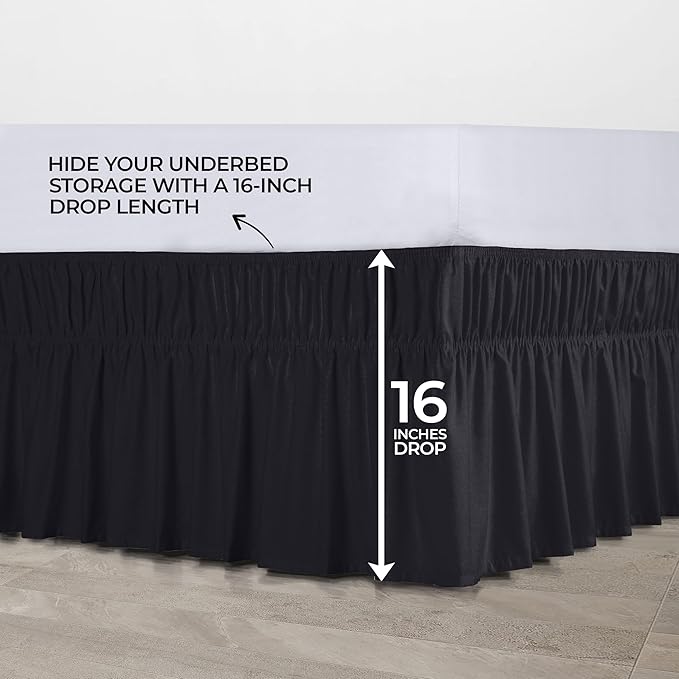 Utopia Bedding King Elastic Bed Ruffle - Easy Wrap Around Ruffle - Microfiber Bed Skirt with Adjustable Elastic Belt 16 Inch Tailored Drop - Hotel Quality Bedskirt, Fade Resistant (King, Black)