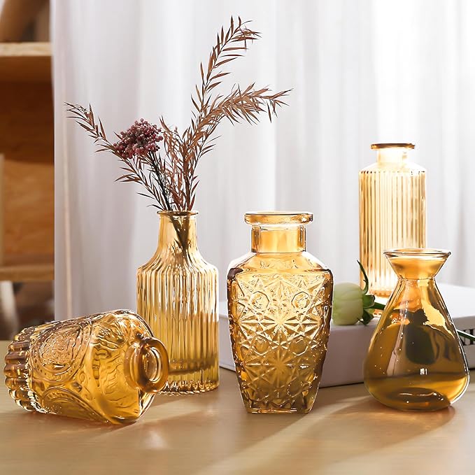 20 Pcs Amber Gold Glass Bud Vases- Set Amber Gold Small Vases for Flowers, Vintage Flower Cute Glass in Bulk for Centerpieces Rustic Decorative Wedding Table Home