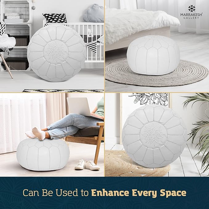 Marrakesh Gallery Genuine Leather Round Pouf Unstuffed - Moroccan Ottoman Footstool, Footrest Cover - Boho Decor - Bohemian Living Room, Bedroom, Kids Room, Gift & Wedding