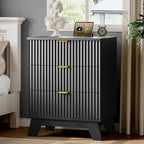 Fluted Nightstand with Charging Station, 24" Wide Bedside Table with 3 Large Storage Drawers, Modern Wood Side Table Night Stand, End Table Small Dresser for Bedroom, Living Room, Dorm, Black