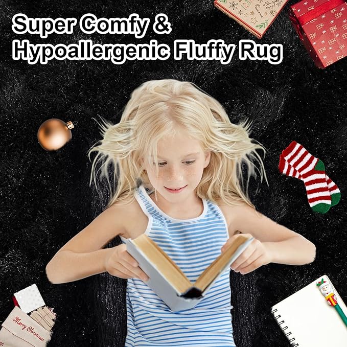 Soft Fluffy Rug for Living Room, 4x6 Black Shag Area Rug for Bedroom Living Room, Non-Slip Fuzzy Carpet for Girls Boys Kids, Throw Rugs for Dorm, Modern Home Decor Aesthetic