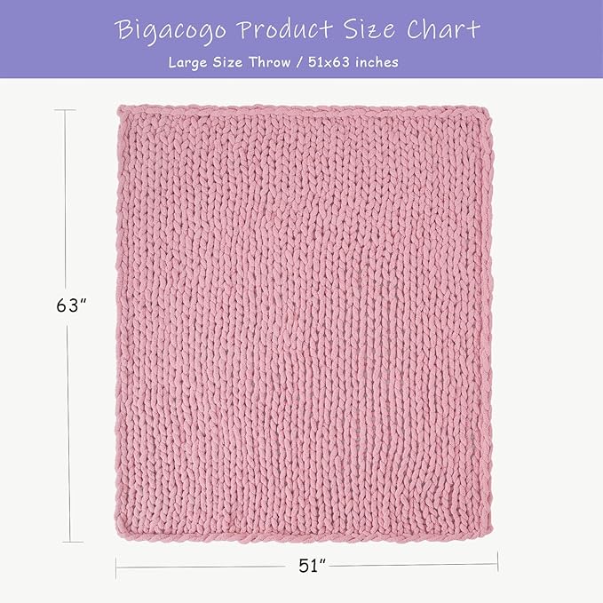 Bigacogo Chunky Knit Throw Blanket for Couch, 51x63 inches, 100% Hand Knitted with Thick Jumbo Chenille Yarn, Cozy Soft Large Rope Knot Cable Crochet Blankets for Sofa Bed Living Room, Blush Pink