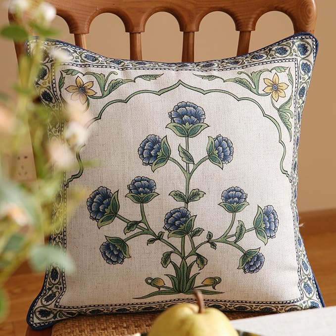 patdrea Designer Floral Linen Throw Pillow Covers,Blue French Cottage Flower Pattern Decorative Pillowcases Cushion for Bed Living Room Outdoor Car,Pack of 4