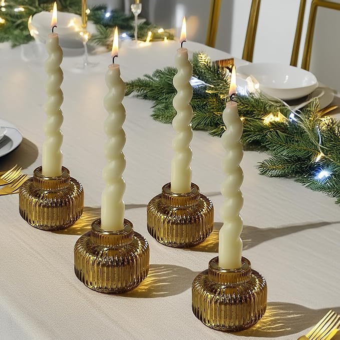 Kate Aspen Taper Candle Holders for Candlesticks, Ribbed Glass Gold Candle Holders Set of 4, Retro Candlestick Stand Decor, Votive Candle Holder Decor Accents for Holiday & Home Decoration Styling