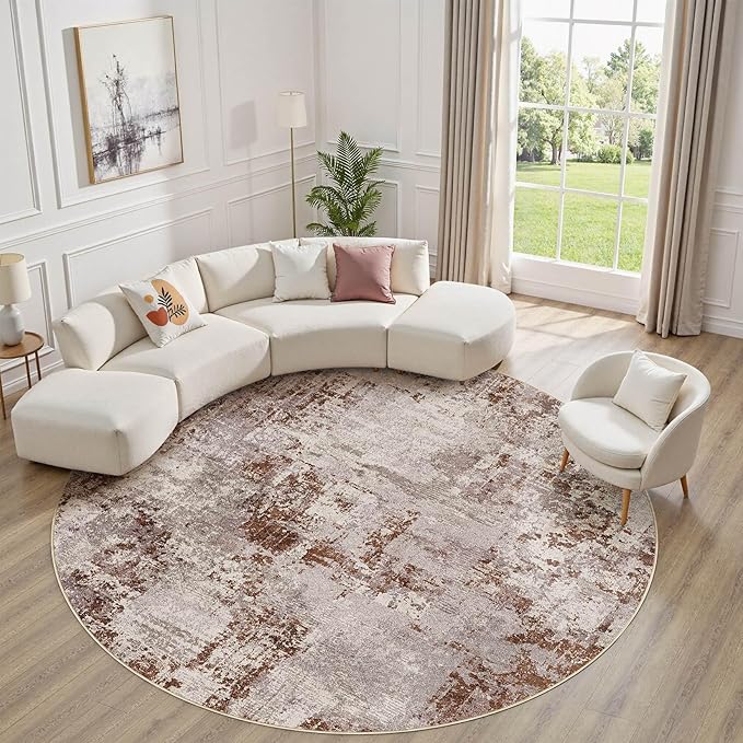 Tortania Washable 8' Round Area Rug for Living Room: Modern Abstract Neutral Large So' Thin Rugs - Non Slip Indoor Carpet for Bedroom Dining Room Office Nursery Home Floor Decoration - Brown