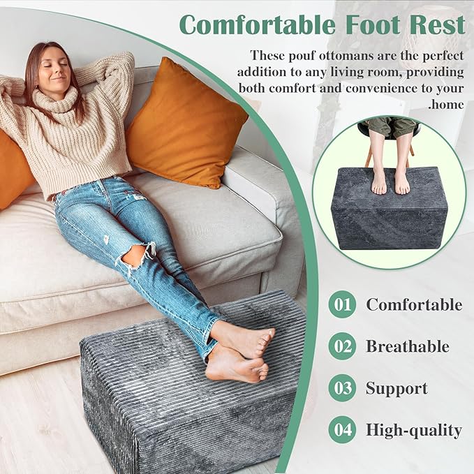 Rectangular Stuffed Pouf Ottoman with Foam Chunk Filling, Coral Fleece and Furry Fabric Design, Multi-Functional Floor Pouf for Living Room, Dark Grey