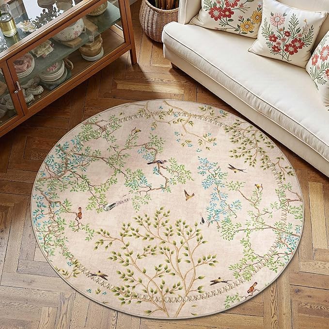 jinchan Round Rugs 6ft Beige Botanical Birds Print Machine Washable 6' Circle Nature Plants Modern Soft Non Slip Kids Throw Area Rugs Ultra Thin Low Pile Carpet for Living Room Bedroom Dining Room