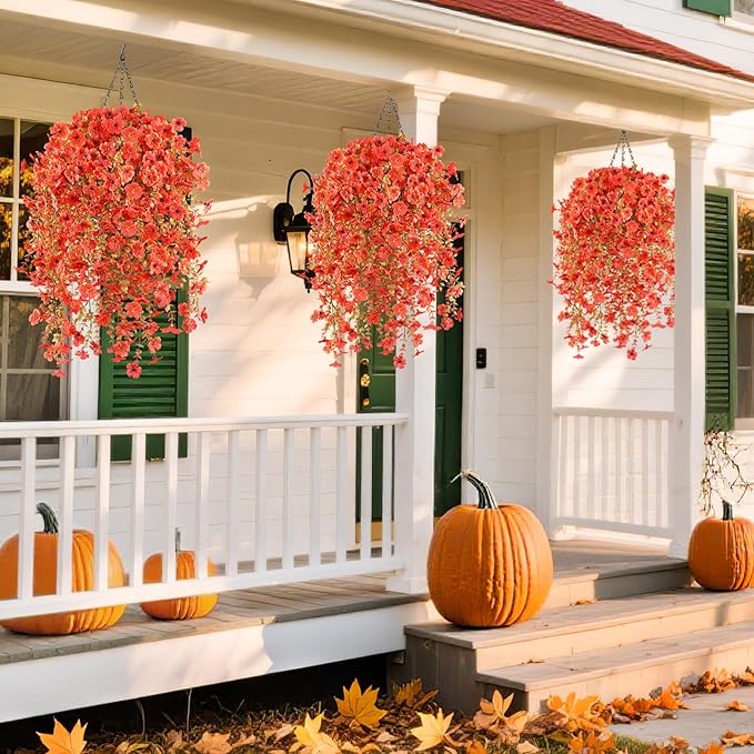 6 Bundles Artificial Fall Flowers for Outdoors Fake Plants Garden Home Fall Decor,UV Resistant Realistic Silk Faux Autumn Flower Indoor Outside Front Porch Patio Balcony Yard Farmhouse(Orange)