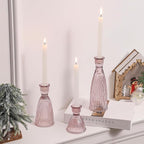Vertical Stripe Candlestick Holders Set of 3, Premium Glass Candle Holders for Candlesticks and Taper Candles, Vintage Candle Holder Decor for Table Centerpiece, Pink