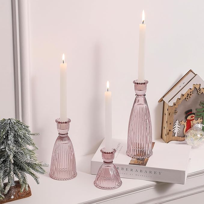 Vertical Stripe Candlestick Holders Set of 3, Premium Glass Candle Holders for Candlesticks and Taper Candles, Vintage Candle Holder Decor for Table Centerpiece, Pink