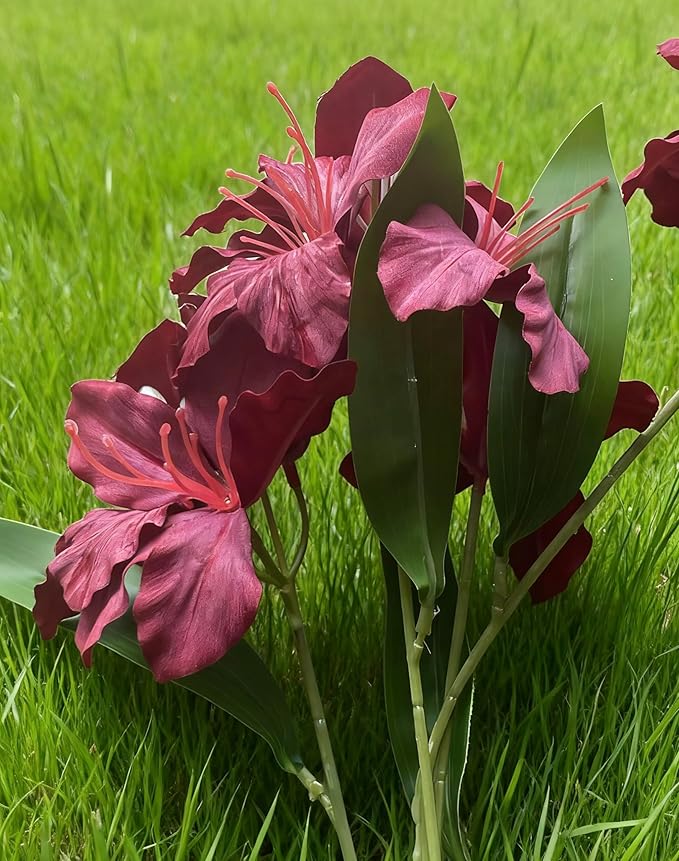 10-Bud Artificial Lily Flowers, 4 Pcs Fake Outdoor Flowers, UV Resistant Faux Flowers for Outdoor Planters, Silk Flowers for Wedding Decoration (Red)