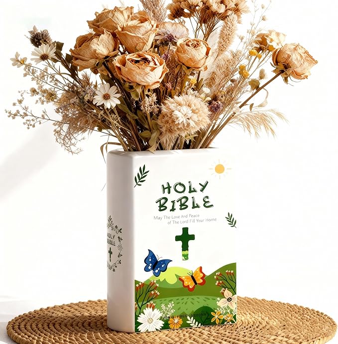 Bible Blessings Spring Flower Vase - Modern Ceramic Book-Shaped Vase for Flowers - Christian Desk Decor for Prayer Room, Dining Table, Coffee Table, Entryway Console, Religious Gifts(Green Spring, XL)