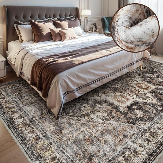 Brown Rugs for Living Room 8x10 Area Rug Soft Living Room Carpet-Rugs for Bedroom Machine Washable Rug Vintage Oriental Floral Dining Room Rug Non Slip