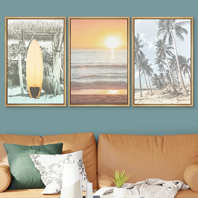 SIGNWIN Framed Canvas Print Wall Art Set Retro Sunset Hawaiian Surfboard Palm Trees Nature Wilderness Photography Modern Art Landscape Relax/Calm for Living Room, Bedroom, Office - 16"x24"x3 Natural
