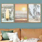 SIGNWIN Framed Canvas Print Wall Art Set Retro Sunset Hawaiian Surfboard Palm Trees Nature Wilderness Photography Modern Art Landscape Relax/Calm for Living Room, Bedroom, Office - 24"x36"x3 Natural