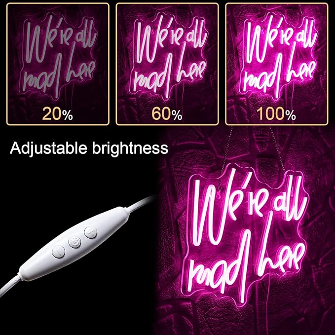 WLHOPE We're All Mad Here Neon Sign, Dimmable LED Neon Signs For Wall Decor,Connectivity Via USB Neon Light For Bedroom Home Dorm Wall Wedding Party Bar Pub Salon Decoration,Personalized Gift