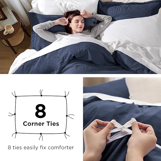 Bedsure Navy Duvet Cover Full Size - 3 Pieces Prewashed Extra Soft Cotton-Like Bedding Set, Includes 1 Duvet Cover 80x90 Inches with Zipper Closure & 2 Pillow Shams, Comforter Not Included