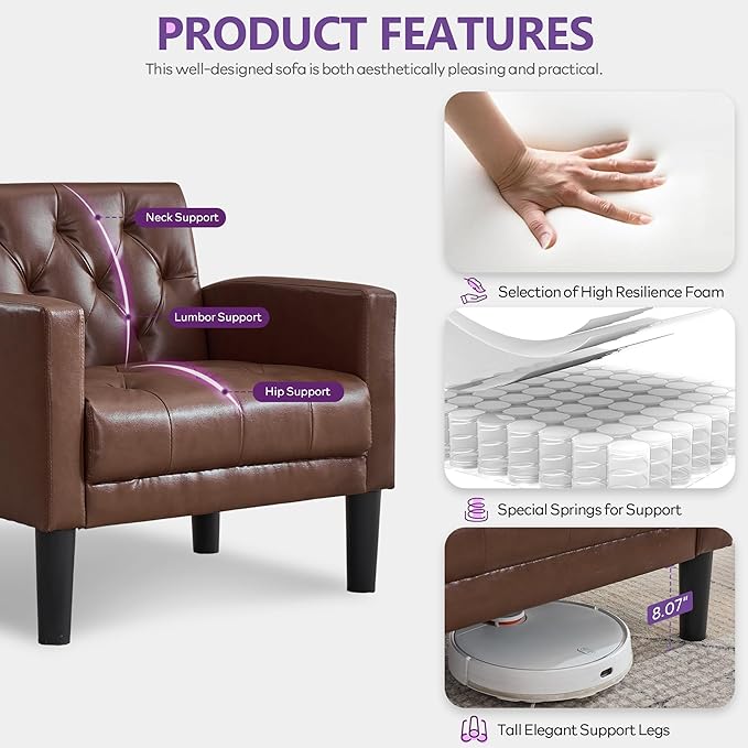 TYBOATLE Accent Chairs Set of 2 Comfy Living Room Chair Leather Tufted Mid Century Modern Accent Chair, Small Cozy Reading Arm Chair for Office, Bedroom (2, Brown)