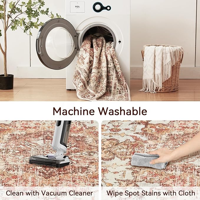 Topllen Washable Area Rug - 4'x6' Boho Living Room Rug, Non-Slip Soft Rugs Indoor for Bedroom Dining Room Office, Vintage Throw Carpet Stain Resistance (Khaki, 4x6ft)