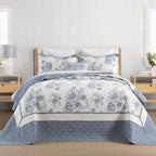 DDUOXIN Botanical Oversized Queen Bedspread - 102" W x120 L Extra Wide 100% Cotton California Quilt, Lightweight Reversible Oversize Bedspreads with 2 Pillow Shams, Blue/Cream
