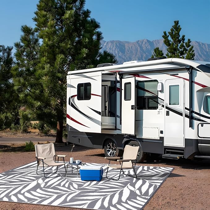 OLANLY Waterproof Outdoor Rug 9x12 ft, Reversible Outdoor Plastic Straw Rug with Leaf Pattern, RV Mat, Indoor Outdoor Carpet for Patio, Camping, Balcony, Deck, Backyard, Grey & White