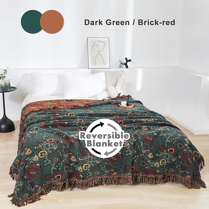 MSGKV Cotton Bed Blanket for Couch and Sofa Blankets for Living Room Bedroom Reversable Florals Throw 80"x90" Breathable Cozy Boho Blankets