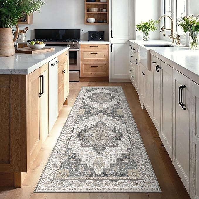 GENIMO 2x10 Runner Rugs for Hallway, Machine Washable Non Slip Vintage Rugs, Low Pile Lightweight Soft Print Rug for enrtyway, Corridor, Home Office, Kitchen, Heathered Grey