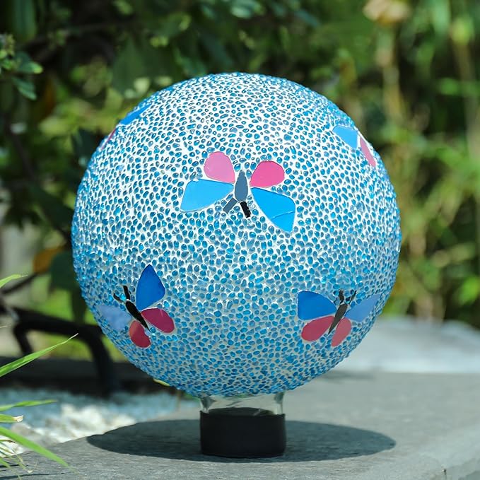 Gazing Ball 8 Inch Butterfly Glass Mosaic Garden Globe Outdoor Gazing Globe Yard Ornament for Garden Yard Home Lawn Outdoor Decoration Gift for Women (Not Solar Powered)