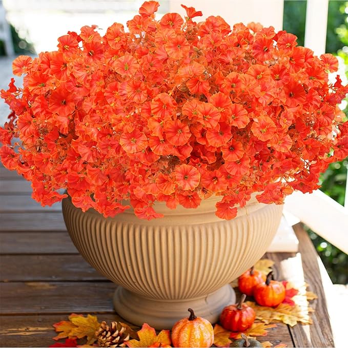 2 Bundles Artificial Eucalyptus Morning Glories with Ground Spikes,21.65 Inch Artificial Fall Flowers Faux Mums, UV Resistant Faux Shrubs Fake Mums for Outdoor Garden Fall Decor(Orange)