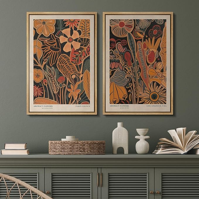 SIGNFORD Framed Canvas Print Wall Art Set Abstract Blossoms Vibrant Floral Illustration Modern Art Decorative Nordic Nature for Living Room, Bedroom, Office - 24"x36"x2 Natural