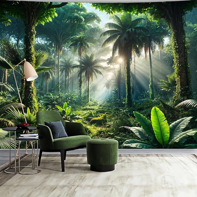 BSFHH Nature Tapestry Forest Tree Sea Cave Wall Hanging, Stream Through Rainforest Landscape Wall Art Tapestry for Bedroom Living room (Rainforest, 59" × 51", Unframed)