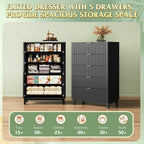 WLIVE Fluted Dresser for Bedroom with 5 Drawers, 46.26" Tall Wood Dresser with Golden Metal Handles, Mid Century Modern Chest of Drawers for Living Room, Hallway, Closet, Solid Black