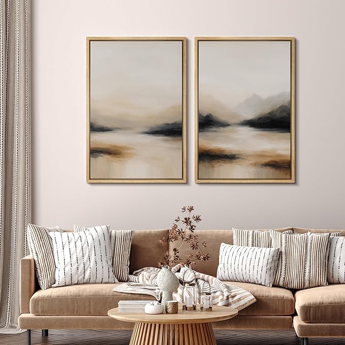 SIGNFORD Framed Canvas Print Wall Art Set Abstract Mountain Landscape Neutral Beige and Black Illustration Modern Art Decorative Nordic Nature for Living Room, Bedroom, Office - 16"x24"x2 Natural